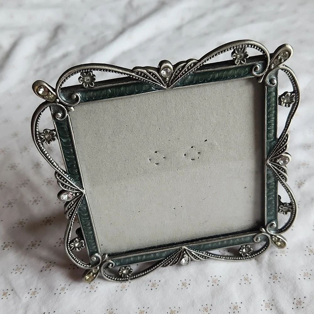 Vintage Green Enamel Ornate Rhinestone Elegant Square Photo Frame